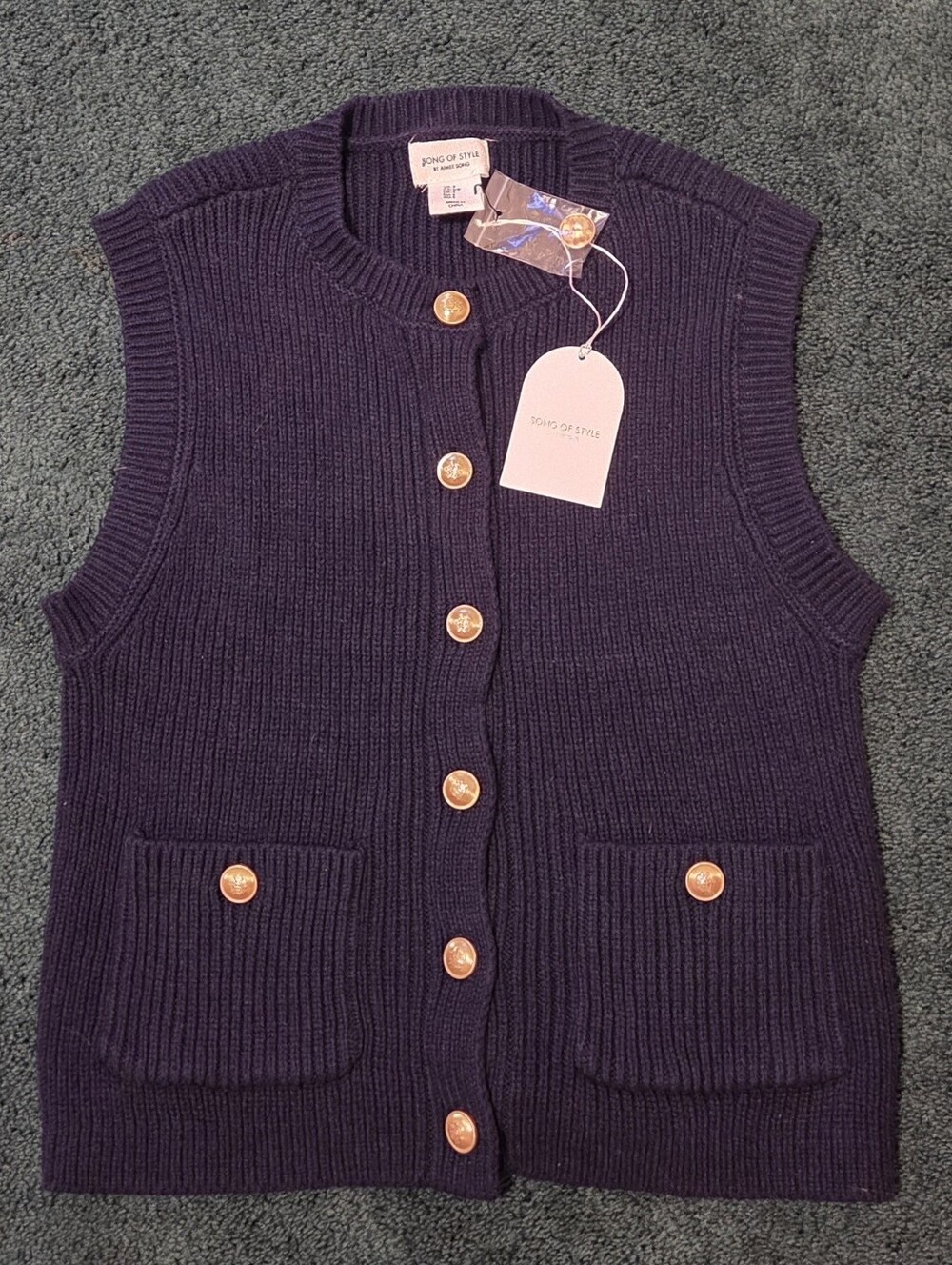 Song of Style Navy Blue Ribbed Button-Front Sweater Vest with Gold Buttons
